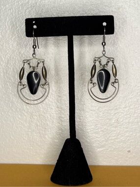 Handcrafted Black Onyx Teardrop Silver Dangle Earrings